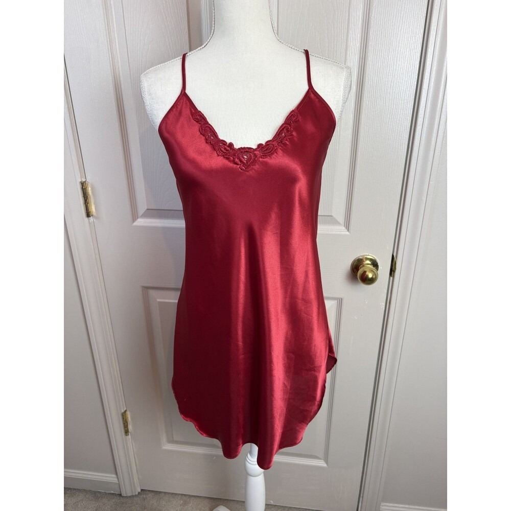 Dentelle Nightgown Women Medium Red Satin Lace Trim Chemise Lingerie Slip